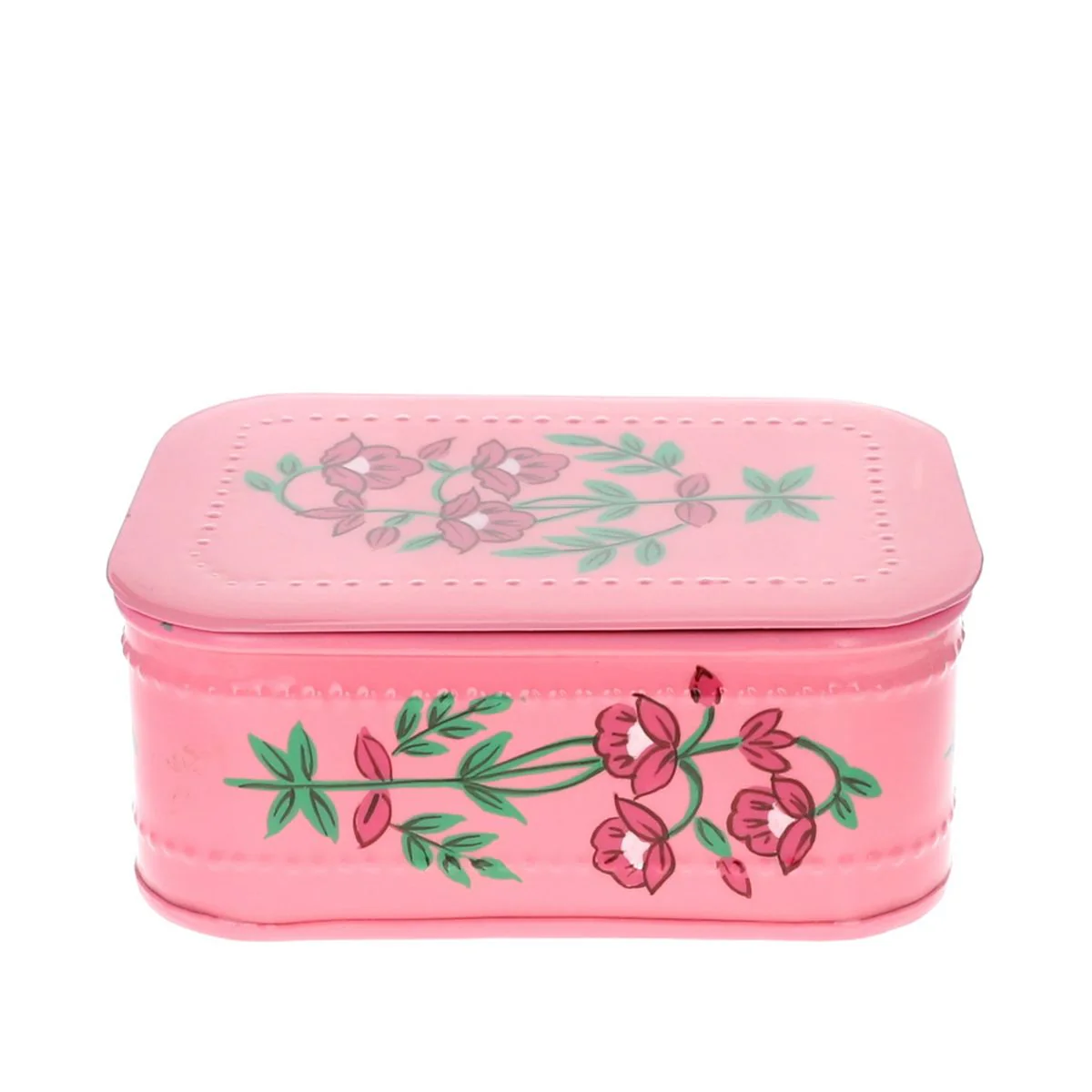 Boite métallique rose à fleurs