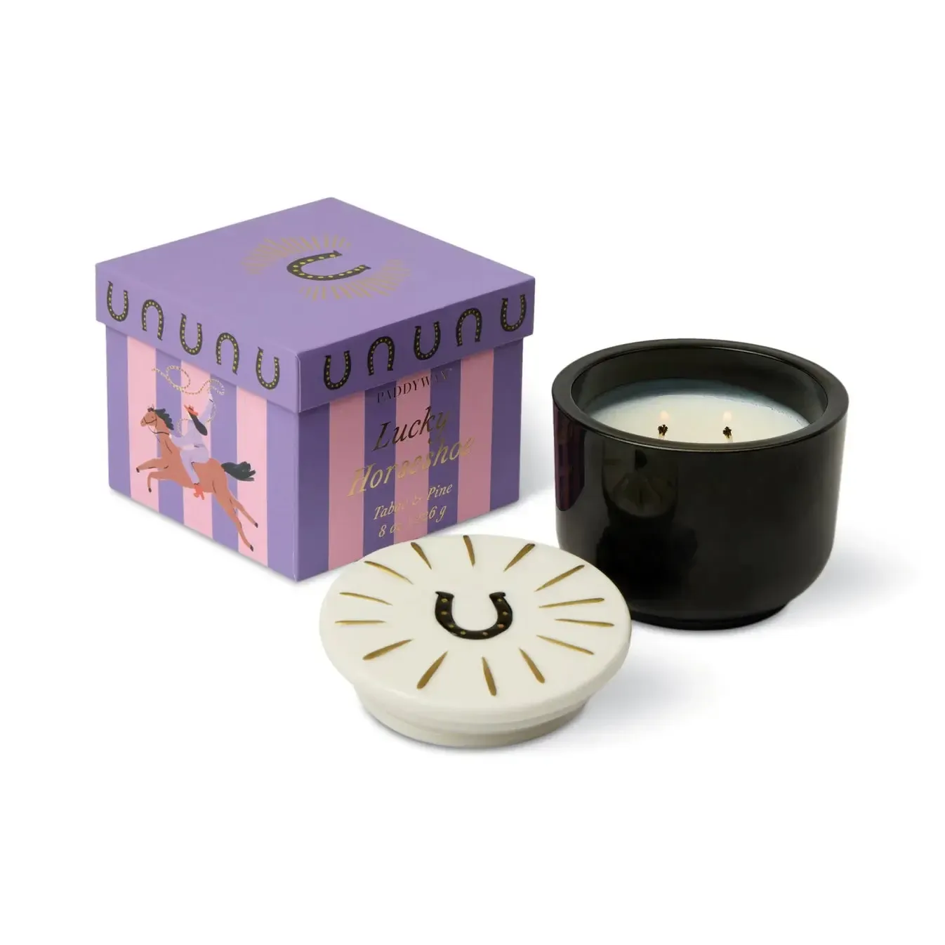 Charmed 8oz/226g Black Glass Candle with Horseshoe Ceramic Lid - Tabac & Pine