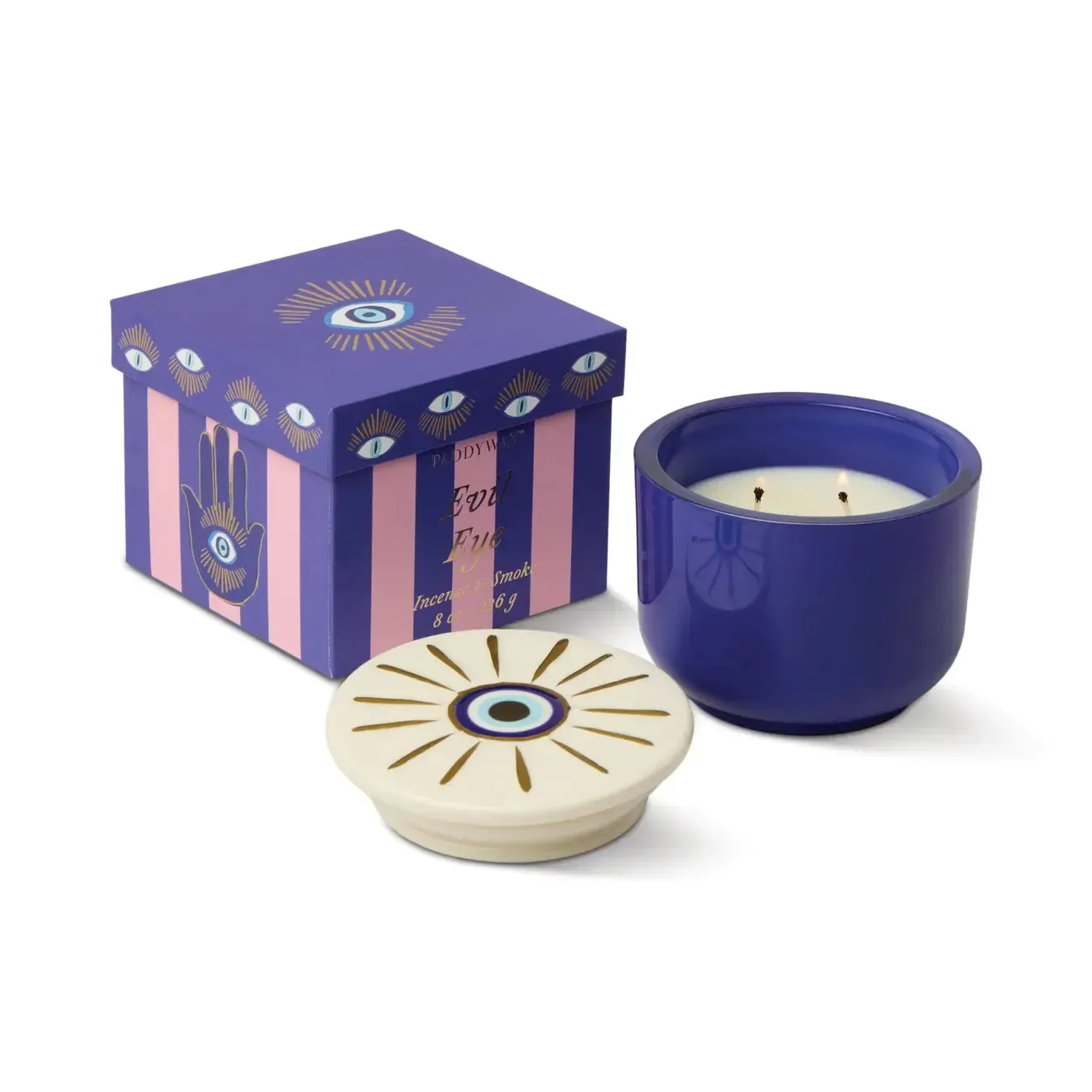 Charmed 8oz/226g Blue Glass Candle with Evil Eye Ceramic Lid - Incense & Smoke