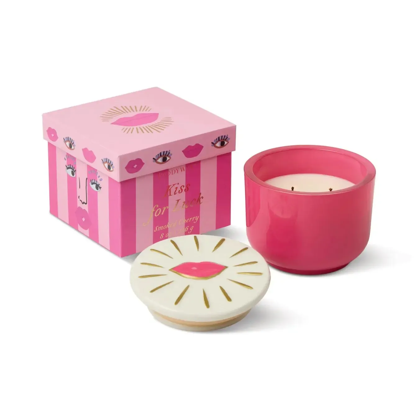 Charmed 8oz/226g Pink Glass Candle with Lips Ceramic Lid - Smoked Cherry