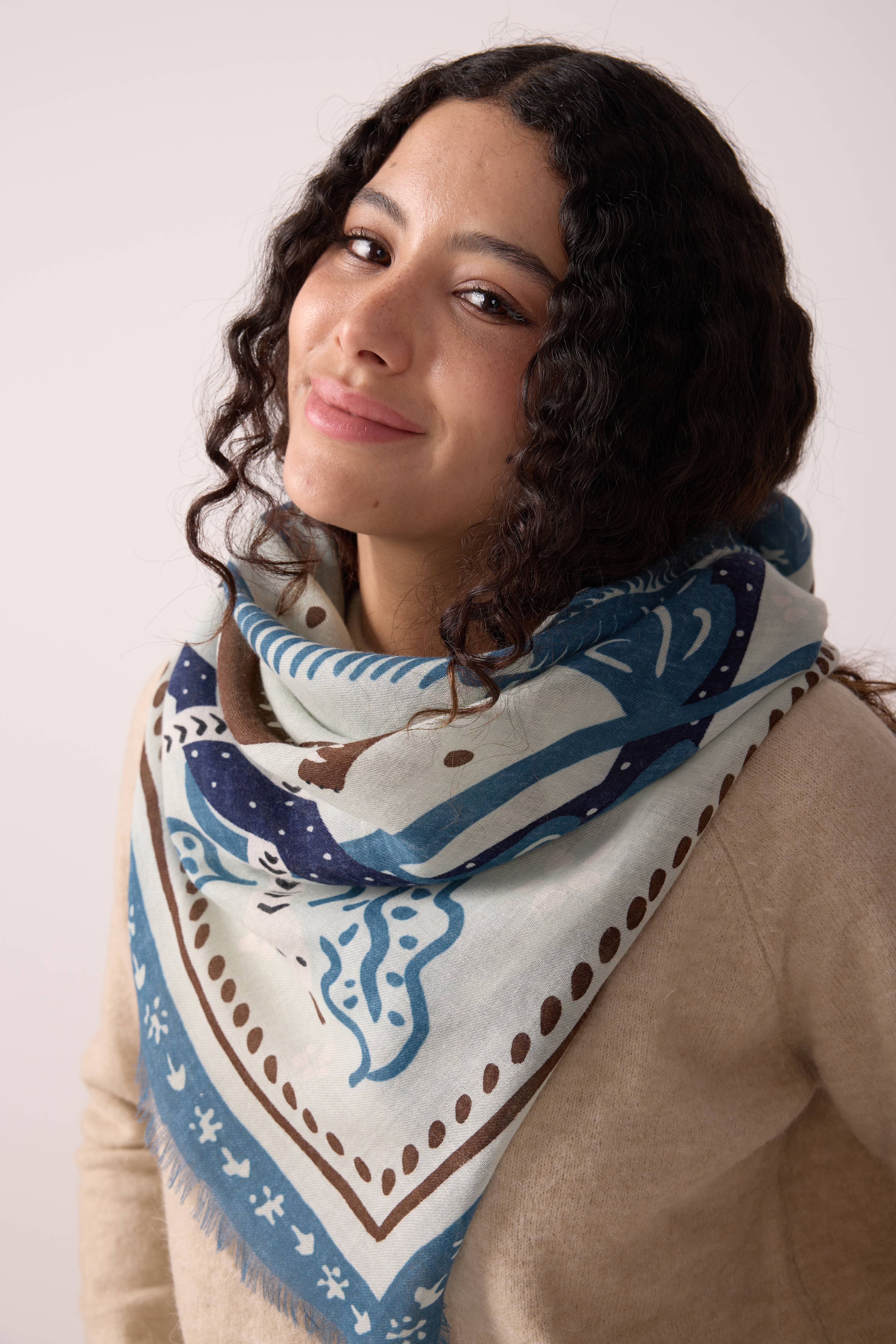 FOULARD LAINE TIGER IN THE PALMERAIE BLEU ORAGE