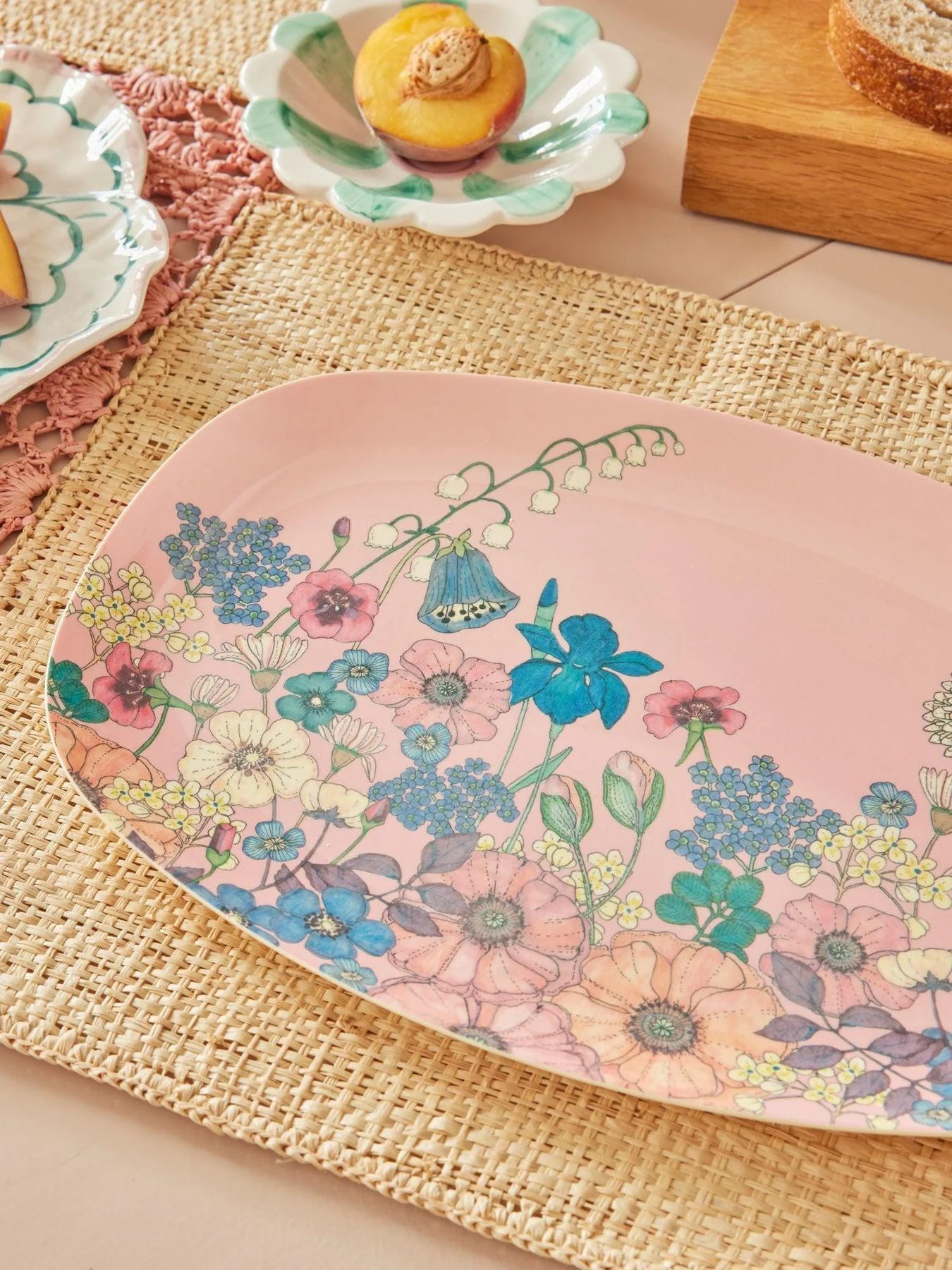 Melamine Rectangular Plate with Flower Collage Print - Soft Pink