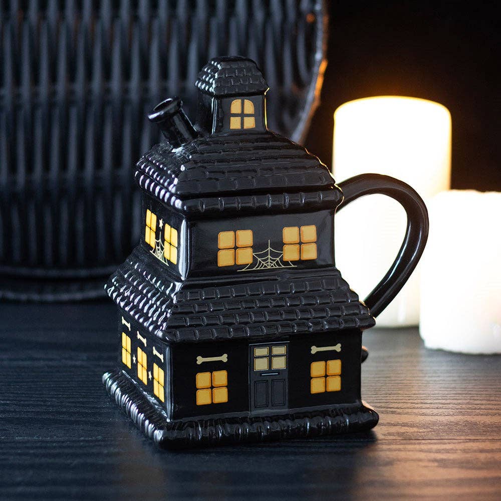 Mug d'Halloween avec couvercle en forme de maison hantée noire