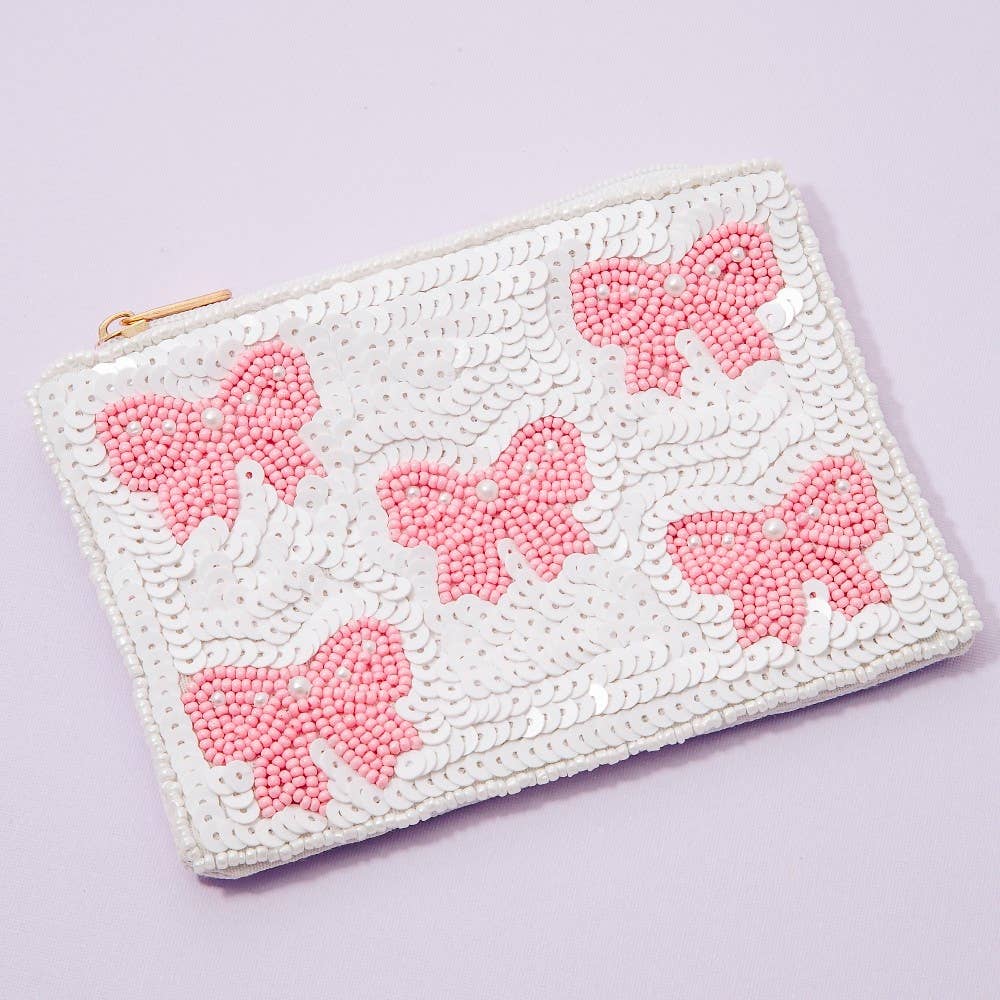 Porte-monnaie en perles mélangées avec nœud en ruban et perles roses.: MULTI