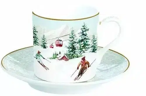 Set de 2 tasses à café avec soucoupe porcelaine fine décoré chalet