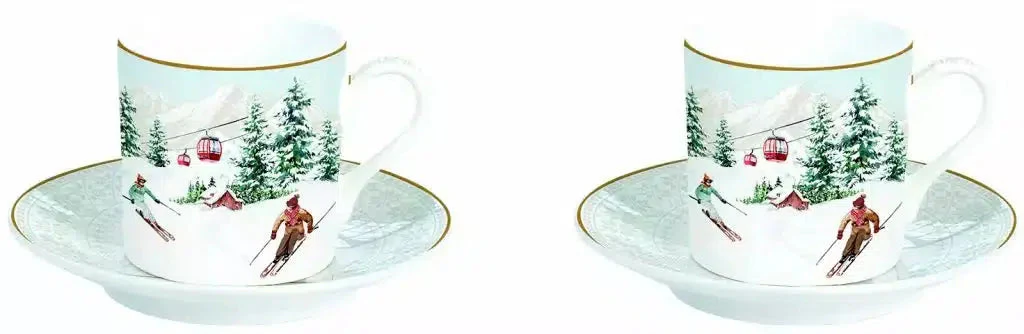 Set de 2 tasses à café avec soucoupe porcelaine fine décoré chalet - Image 2