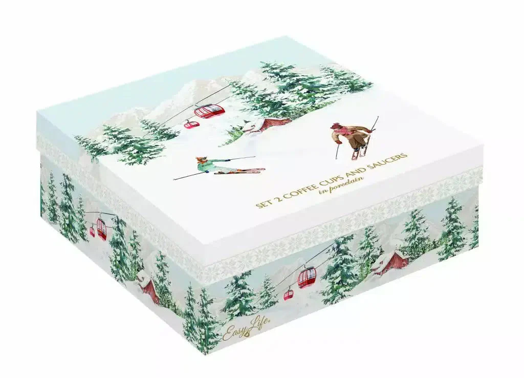 Set de 2 tasses à café avec soucoupe porcelaine fine décoré chalet - Image 3