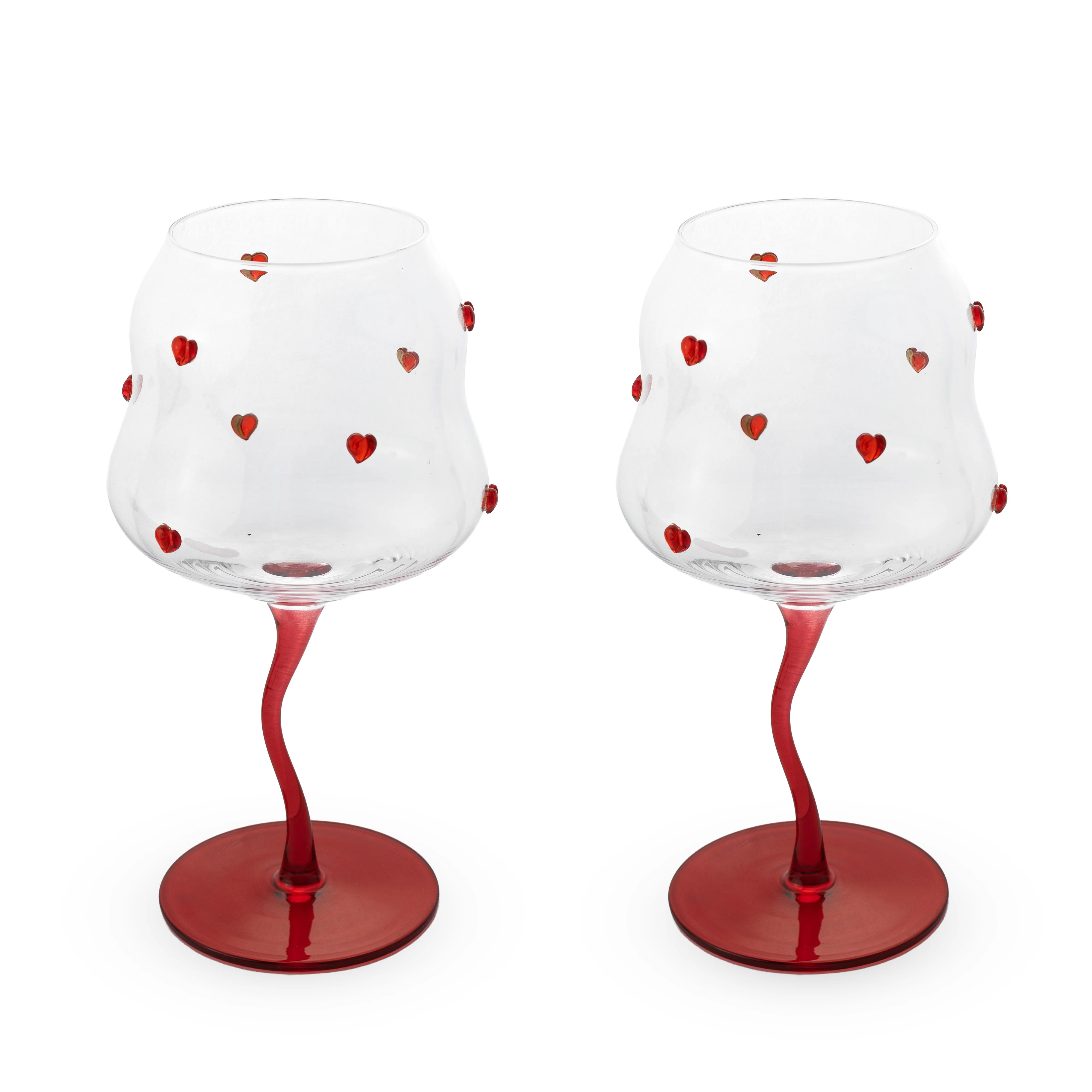 Set de 2 verres à cocktail. Contenance 450 ml. Décor coeurs rouges.